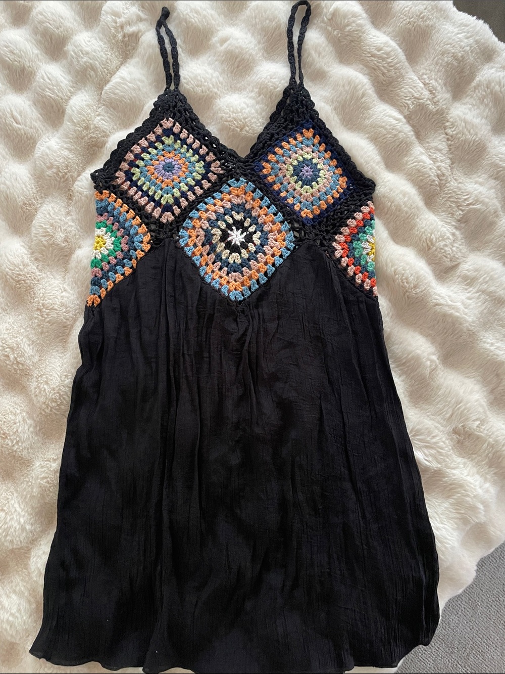 Fashion Nova Black Camisole with Colorful Crochet Squares
